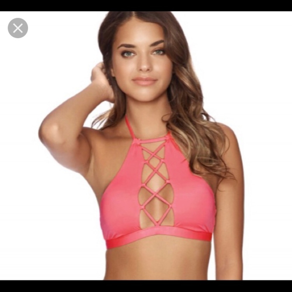 High neck halter bikini light pink